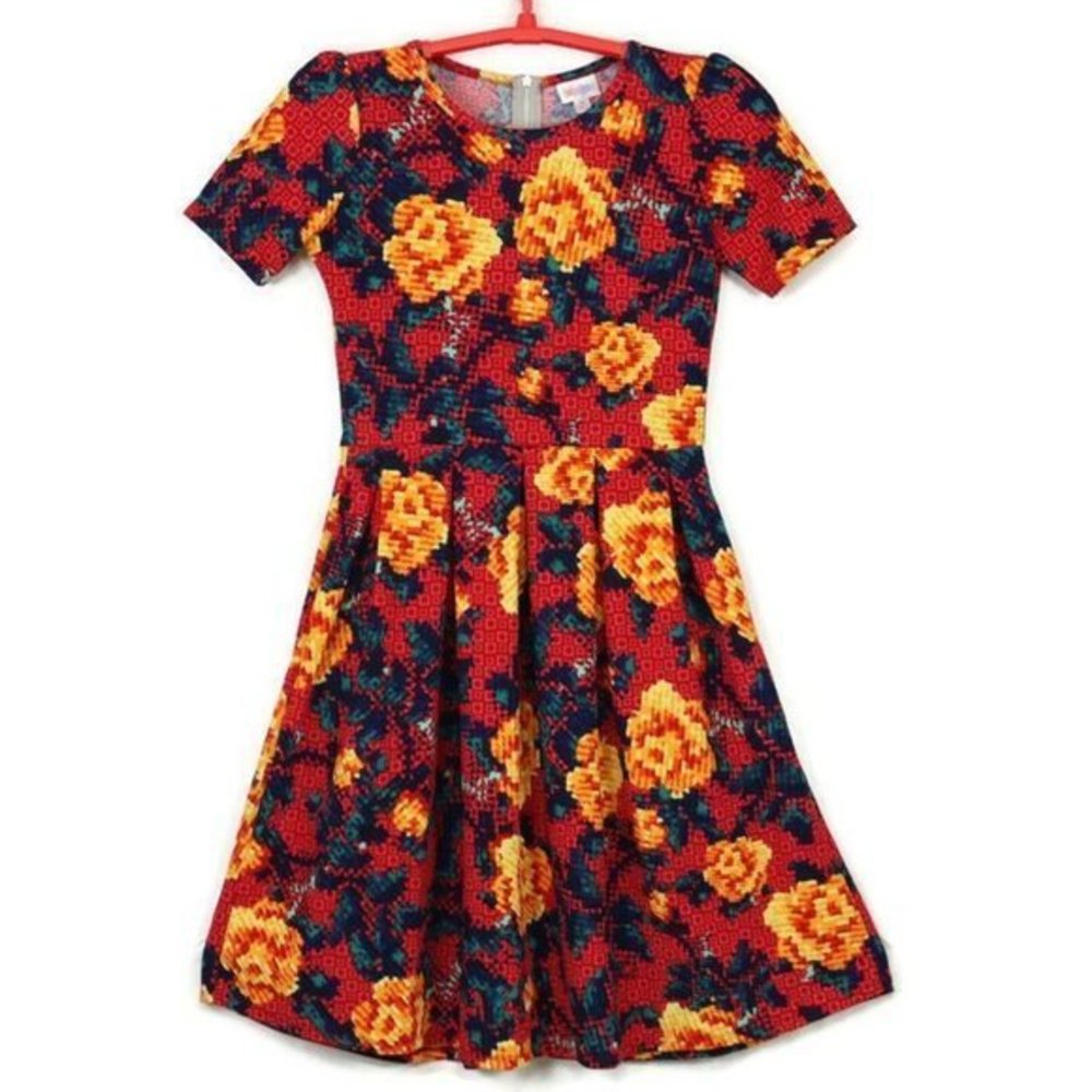 LuLaRoe Amelia Dress Red Yellow Orange Floral Roses Pockets M Medium‎